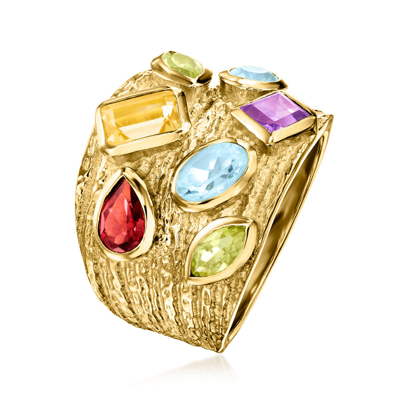 Gold over sterling multi-gemstone ring with square and oval yellow, purple, blue, green, and red stones