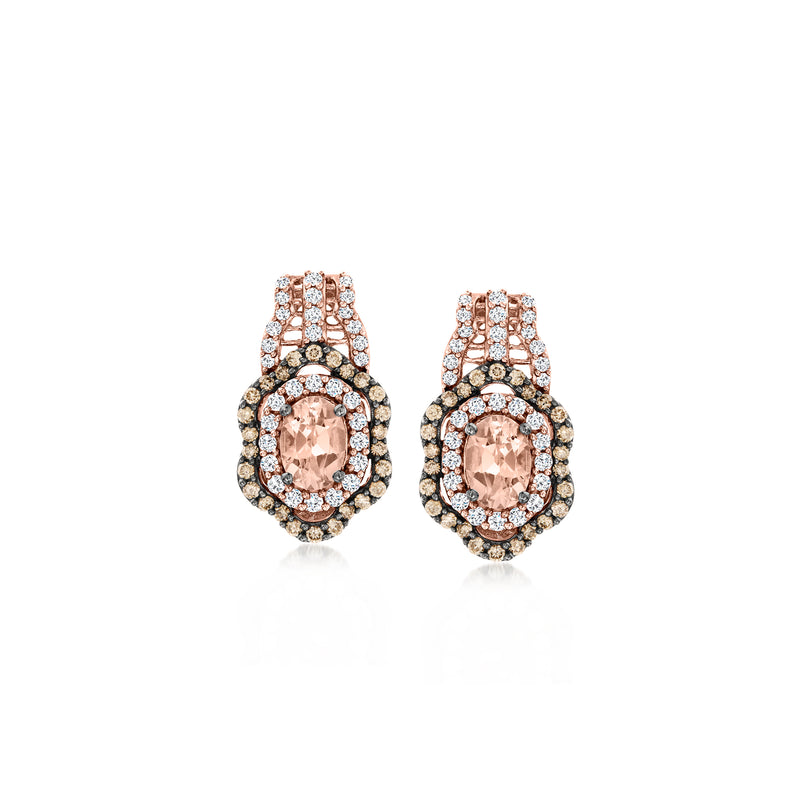 Peach morganite halo post earrings with diamond accents, rose gold tone