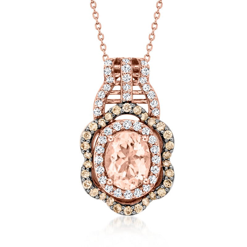 Rose gold morganite pendant necklace with oval peach gemstone and diamond halo