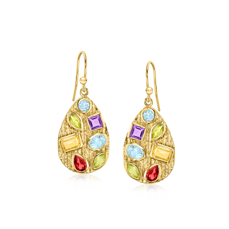 Gold-tone teardrop earrings with multicolor stones (blue, green, purple, red), earwire.