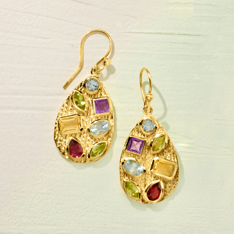 Gold-tone teardrop earrings showing purple square, blue round, green and red stones, earwire.