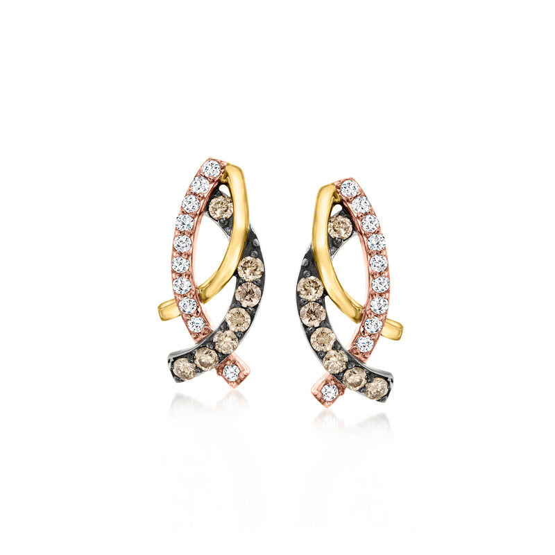 Le Vian tri-colored gold chocolate and vanilla diamond curved post earrings