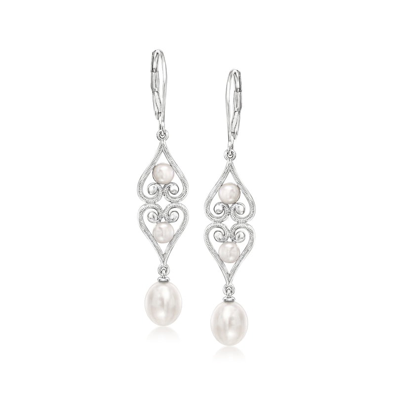 Sterling silver drop heart earrings with cultured pearls, scrolled design, leverback