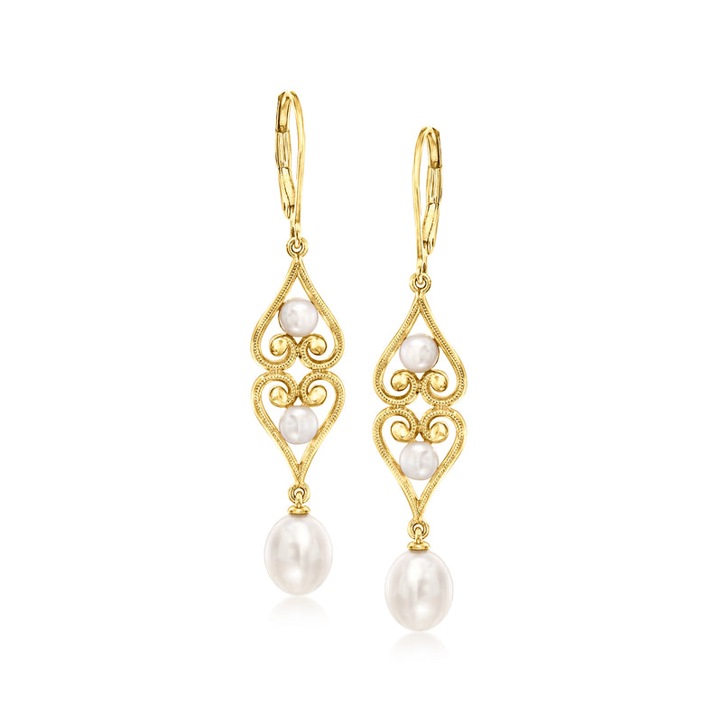 Gold over sterling drop earrings with scrolled heart frames and cultured pearl drops, leverback