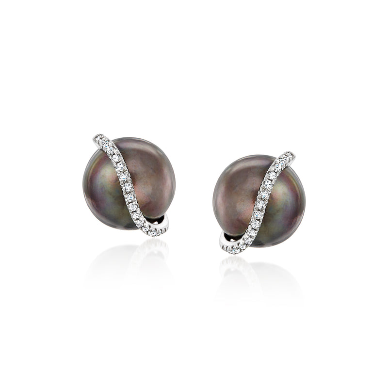 Sterling silver post earrings with black cultured pearl and diamond swirl setting