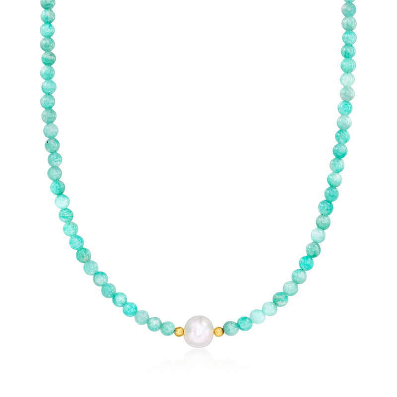 Amazonite bead necklace with cultured pearl and 18kt gold over sterling accents