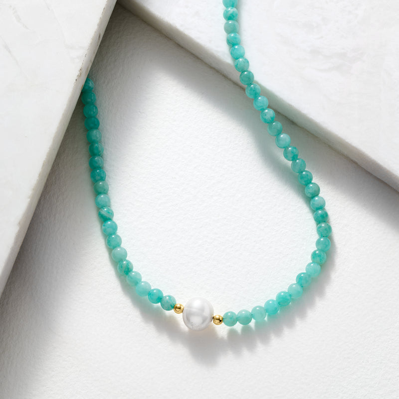 Amazonite bead necklace with cultured pearl centerpiece and gold spacer beads