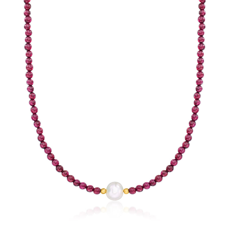 Garnet bead necklace with white cultured pearl and 18kt gold over sterling accents