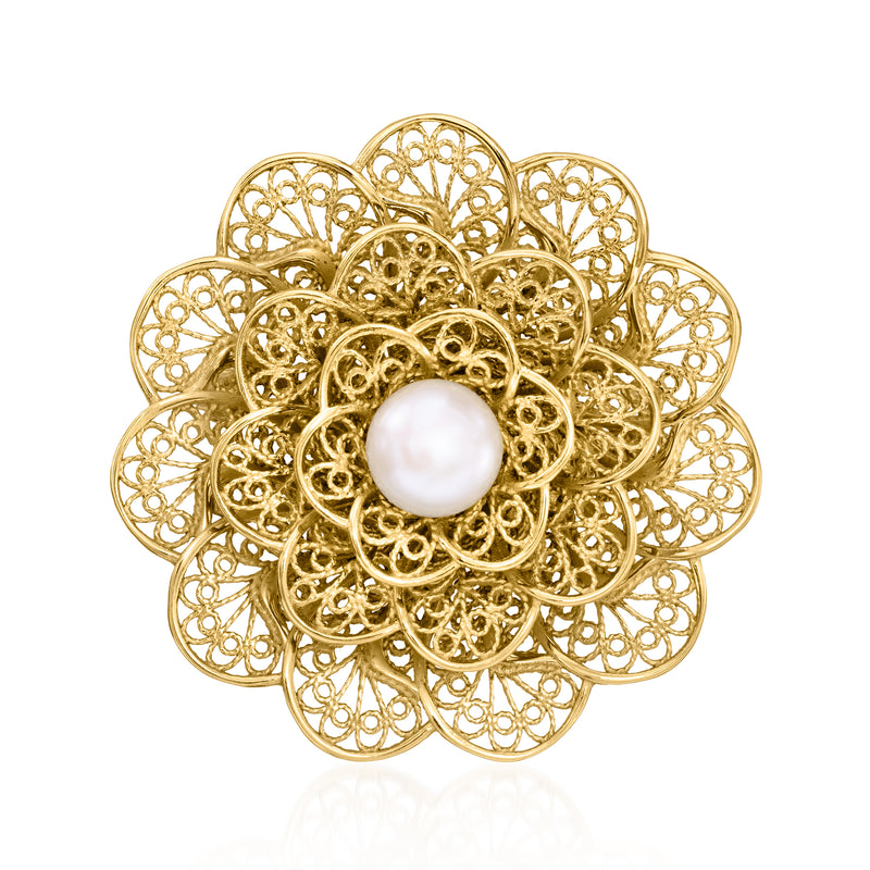 Gold filigree flower pin with round white cultured pearl center