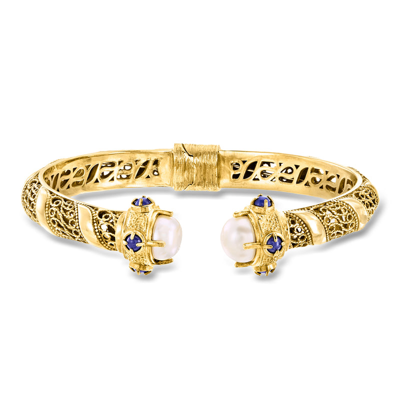 18kt gold over sterling cuff bracelet with cultured pearls and blue lapis in filigree