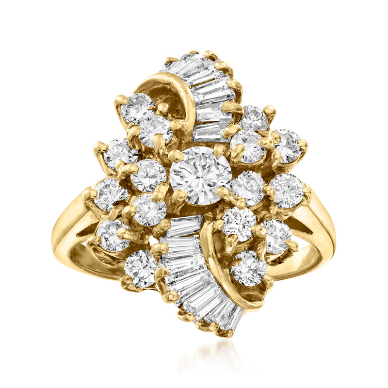 Vintage 18k yellow gold diamond cluster ring with round and baguette stones