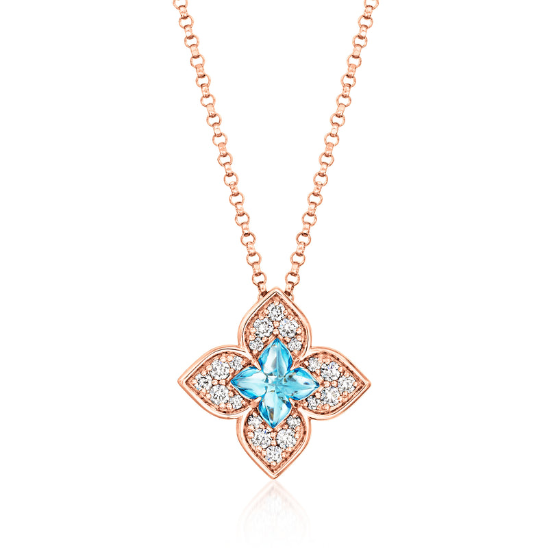 18kt rose gold necklace with blue topaz center and diamond accents, floral pendant