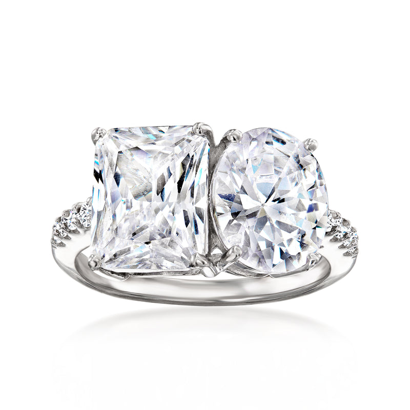 Sterling silver Toi et Moi ring with two large cushion-cut CZ stones and side accents