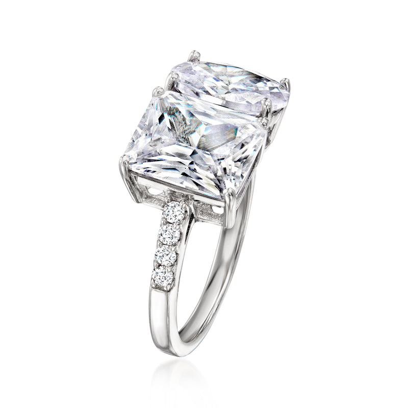 Sterling silver ring with two cushion-cut CZ stones in a raised bezel setting