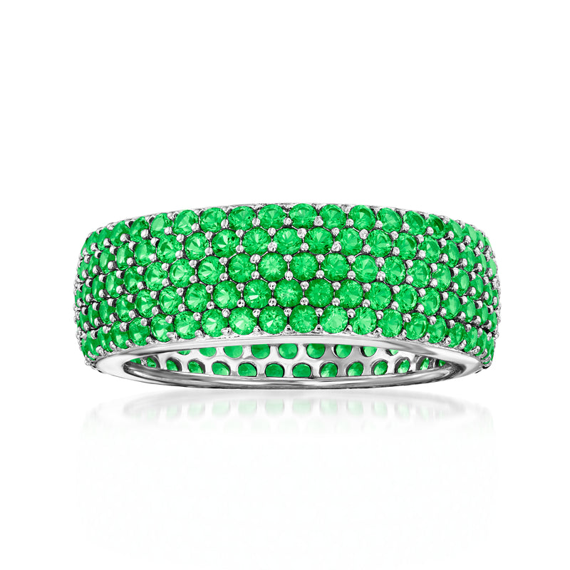 Sterling silver eternity band with three rows of green simulated emeralds
