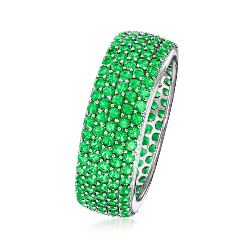 Sterling silver multi-row eternity ring with green simulated emeralds, side view