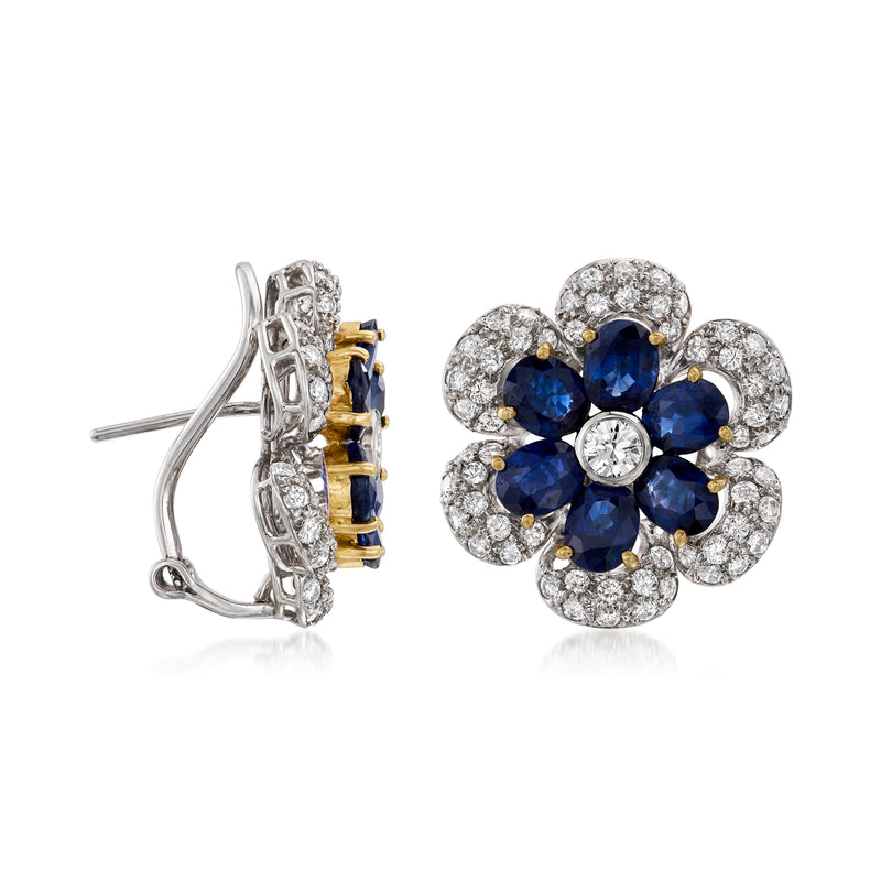 Two-tone gold clip-and-post earrings featuring blue sapphire flower with diamond surround
