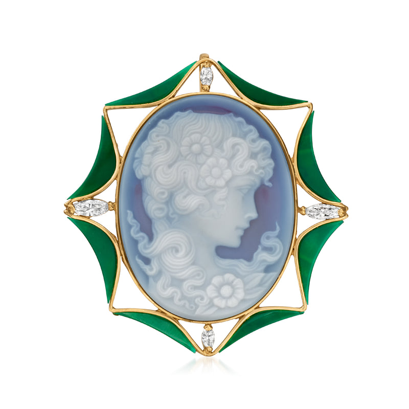 Vintage blue agate cameo pin pendant, 18k yellow gold, green enamel, diamond accents