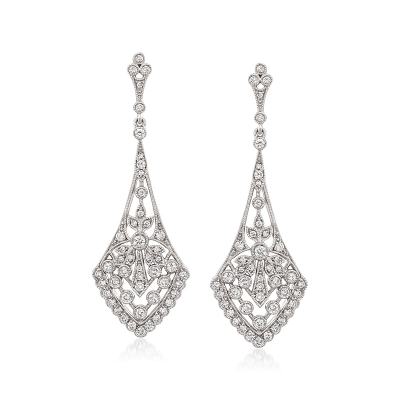 Platinum diamond drop earrings with filigree teardrop design