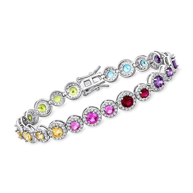 Sterling silver multi-gemstone bracelet with round and oval colored stones