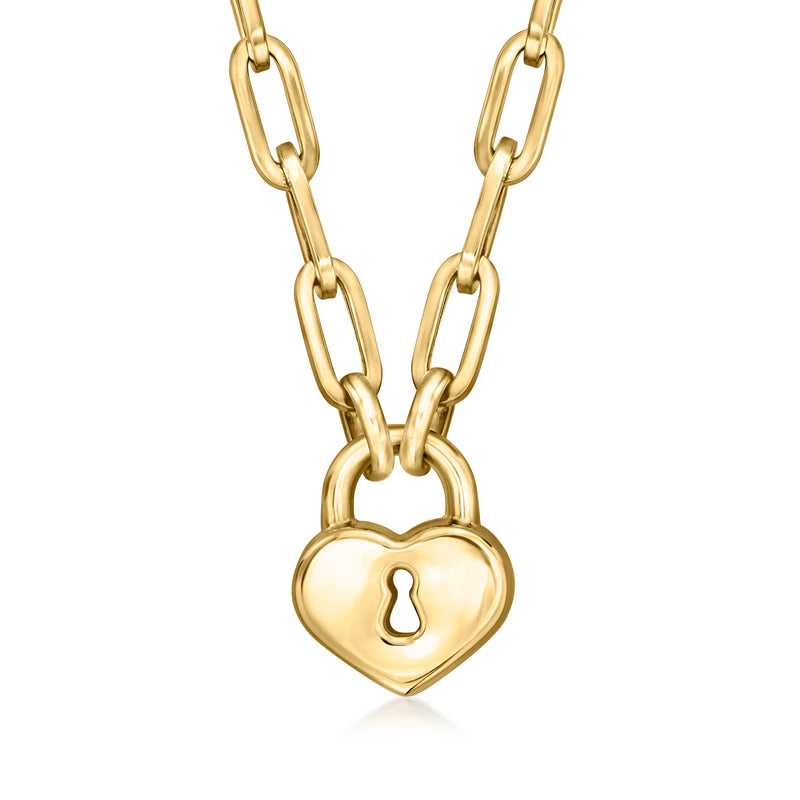 14kt yellow gold heart locket necklace with paper clip chain links and keyhole detail