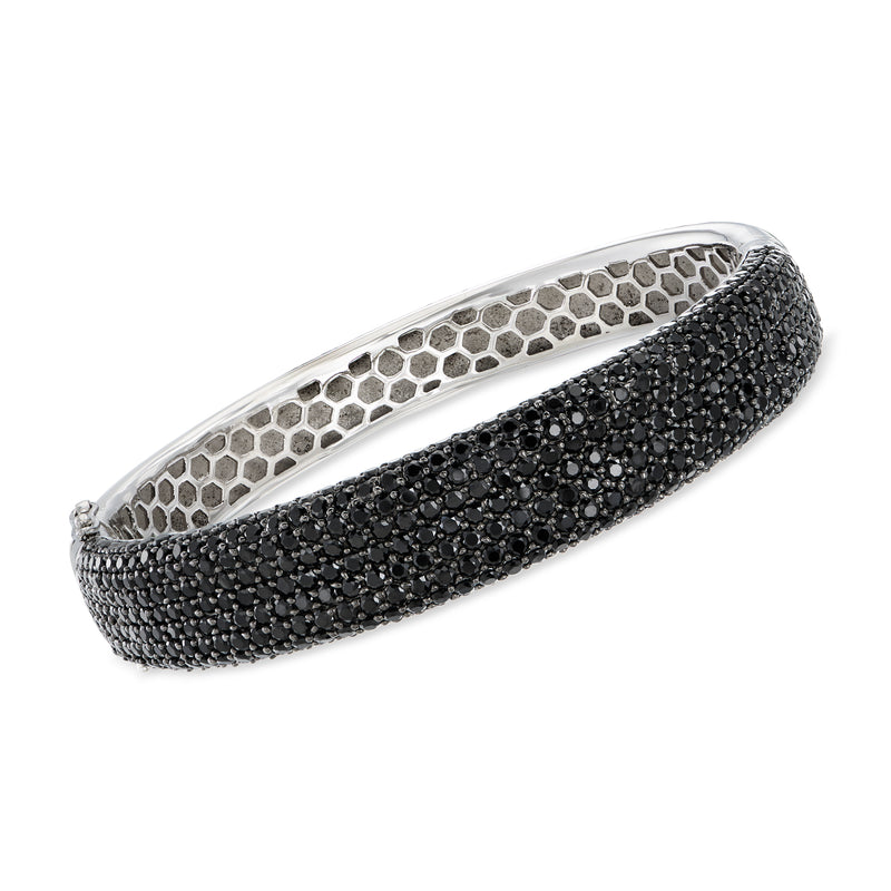 Black spinel multi-row bangle bracelet in sterling silver with textured bezel setting