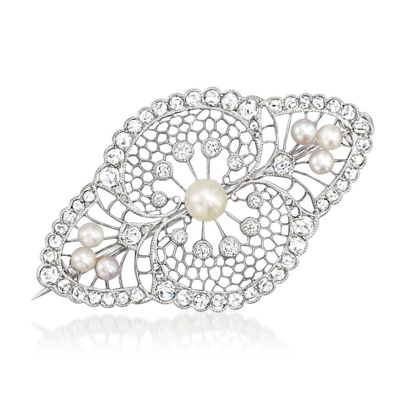 Vintage platinum pearl and diamond filigree pin with round center pearl and side pearls