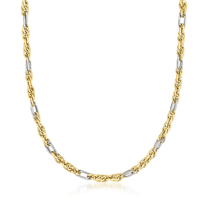 Two-tone 14kt gold rope and paper clip link necklace with alternating polished chain.