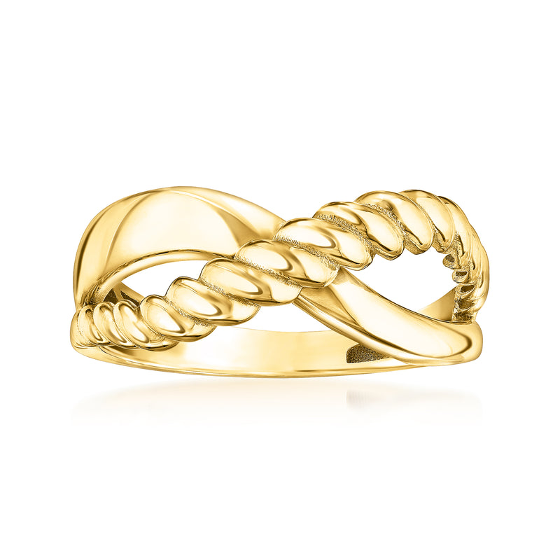 14kt yellow gold ribbed crisscross ring with intertwined bands, polished finish