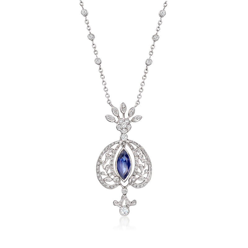 Sapphire and diamond drop pendant necklace in white gold, oval blue sapphire center