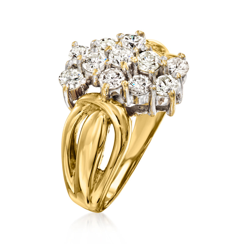 Side view of 14kt yellow gold diamond cluster ring with round stones