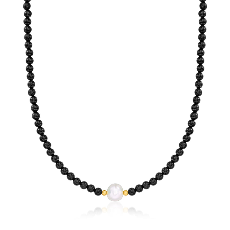 Cultured pearl and onyx bead necklace with gold clasp, white pearl at center