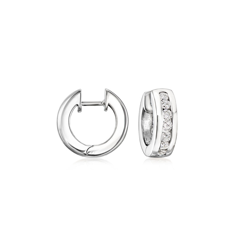 14kt white gold diamond hoop earrings, round hoops with inset pave diamonds