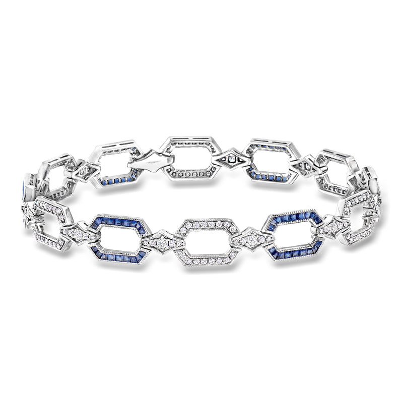 Platinum link bracelet with octagon-cut blue sapphires and diamond accents