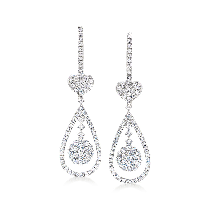 Vintage diamond cluster drop earrings in white gold with heart and teardrop design