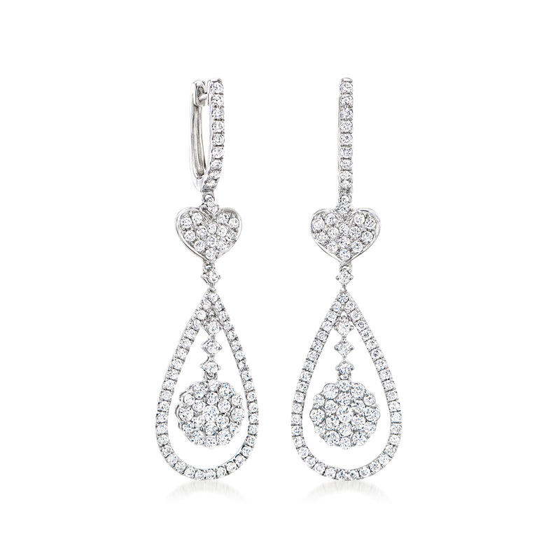 Diamond cluster drop earrings in white gold with heart details