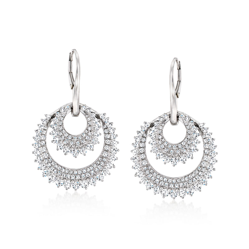Platinum diamond circle drop leverback earrings with halo-like round fringe