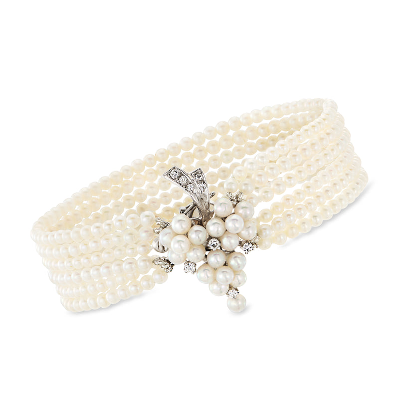 Multi-row cultured pearl bracelet with grape cluster clasp, white metal and diamond accents