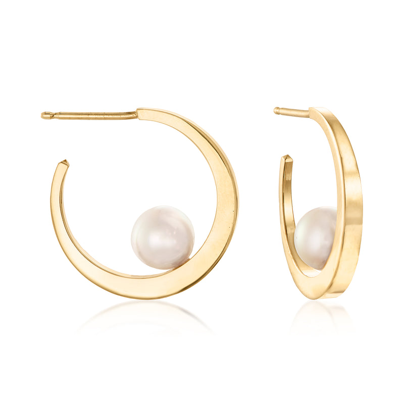 14kt yellow gold curved hoop earrings with 6mm cultured pearl, post backs