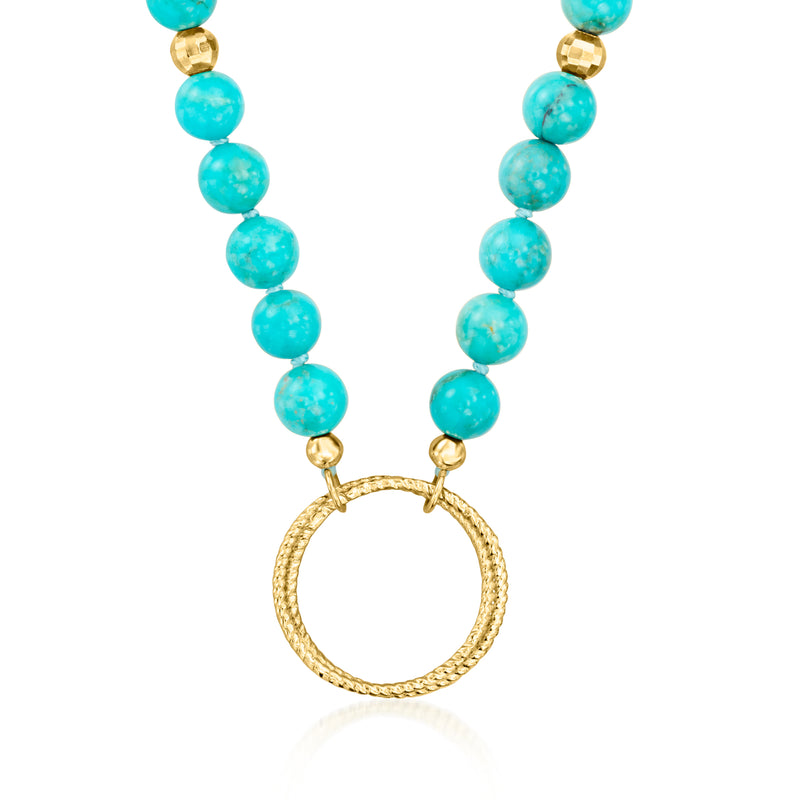 Turquoise bead necklace with 18kt gold over sterling open-circle pendant