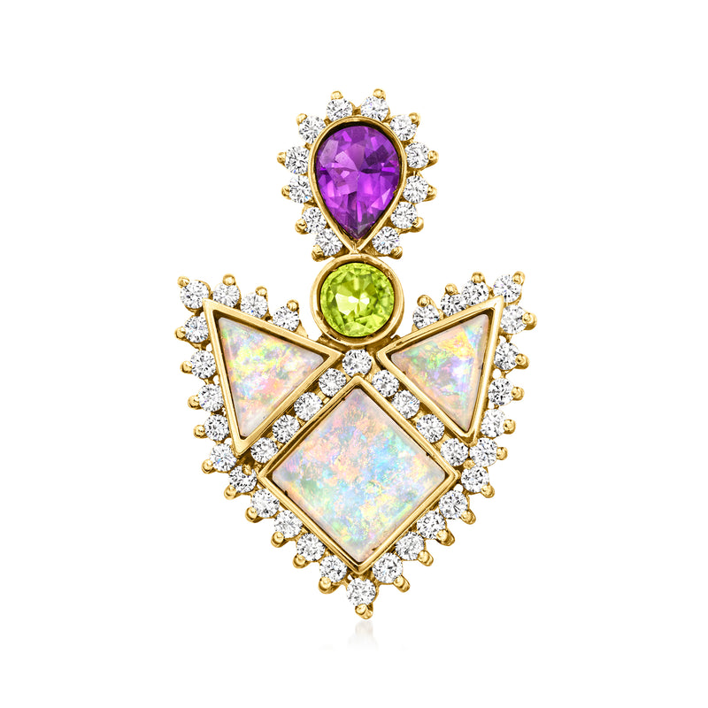 Geometric gemstone pin in 14kt yellow gold with amethyst, peridot, opal, and diamond accents