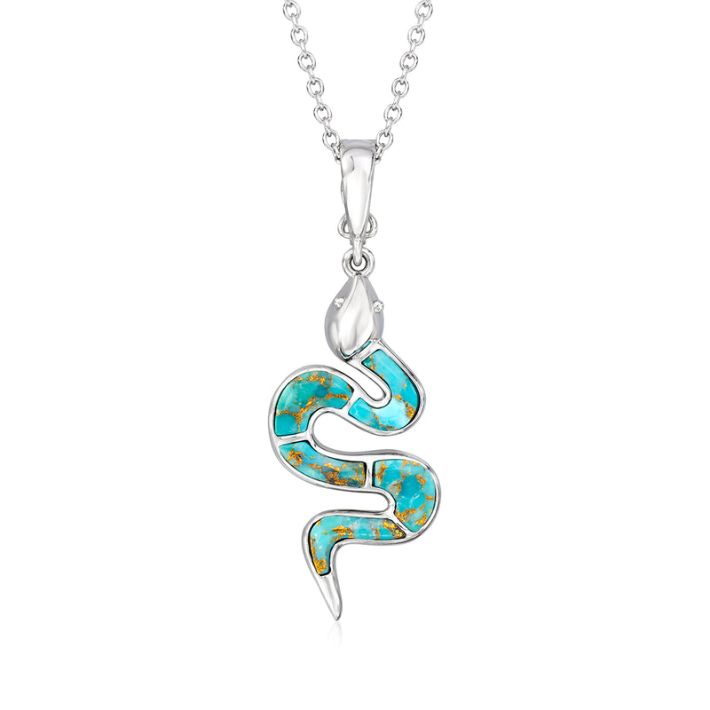 Turquoise snake pendant necklace in sterling silver with blue-green enamel effect