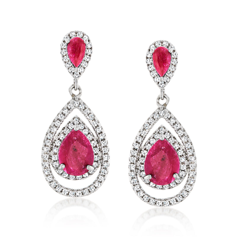 Ruby and white topaz teardrop drop earrings in sterling silver