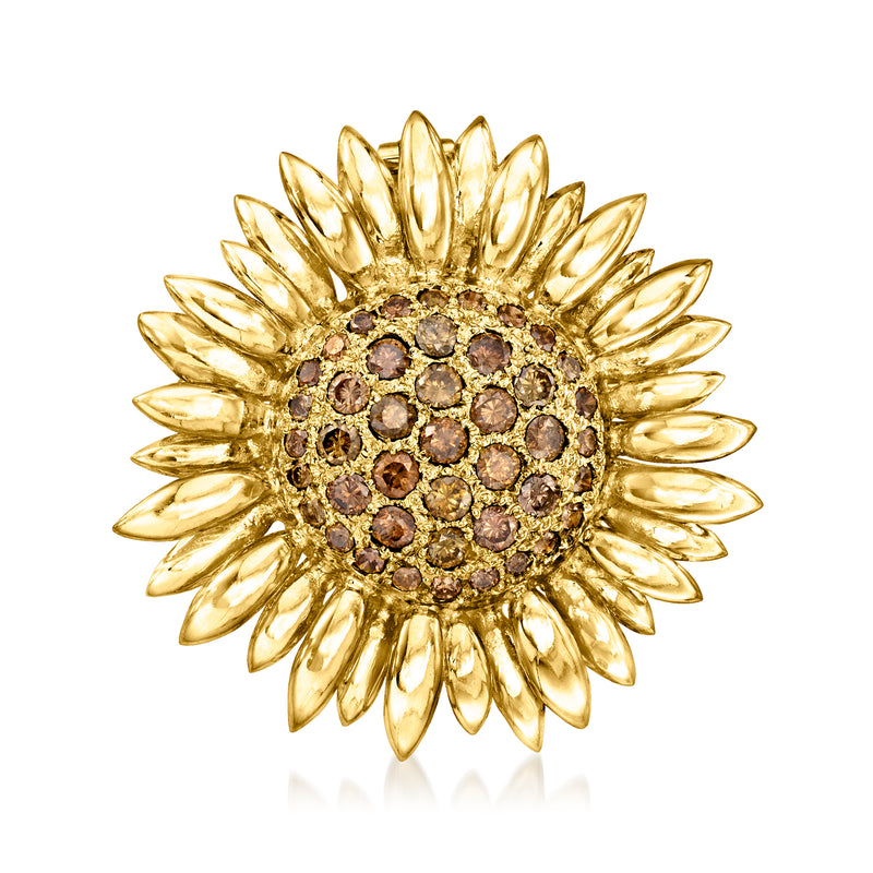 Gold sunflower pin with brown diamond circular center and petal-like yellow-gold setting