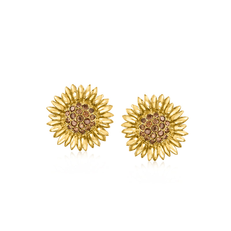 Yellow gold sunflower stud earrings with brown center stones