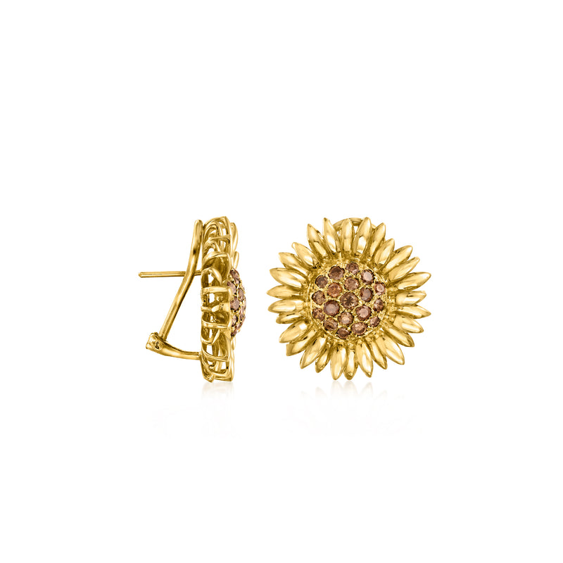 Yellow gold clip-back sunflower earrings with brown center stones