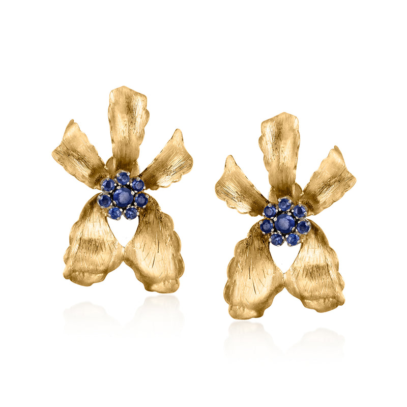 Vintage 18kt yellow gold flower earrings with blue sapphire-like cluster petals