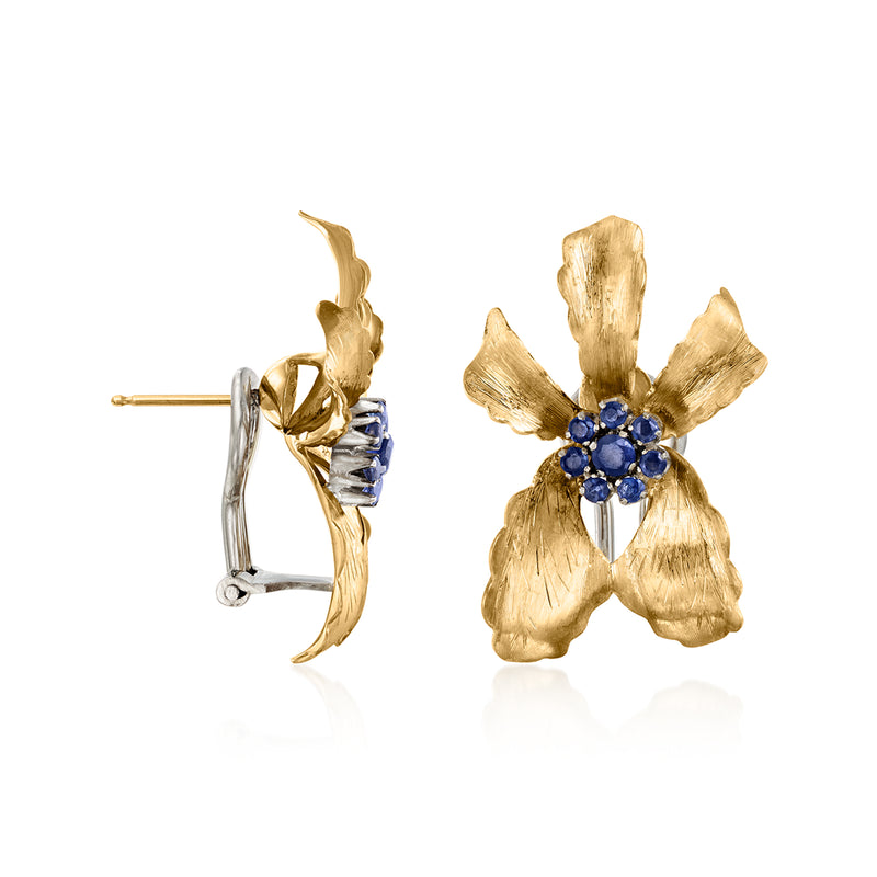 18kt yellow gold flower earrings with blue sapphire cluster and post backs