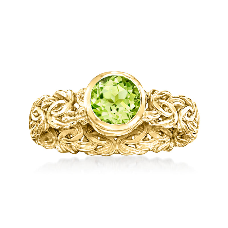 18kt gold over sterling Byzantine bezel ring with round peridot gemstone