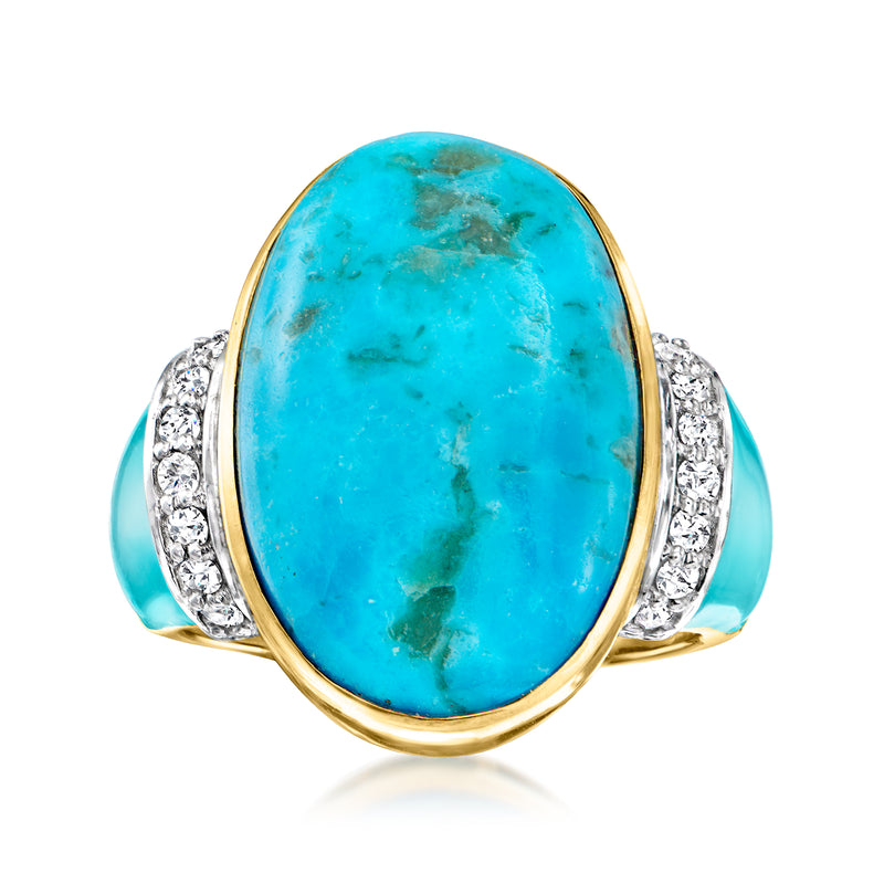 Oval turquoise enamel cabochon ring with diamond accents and gold-tone bezel